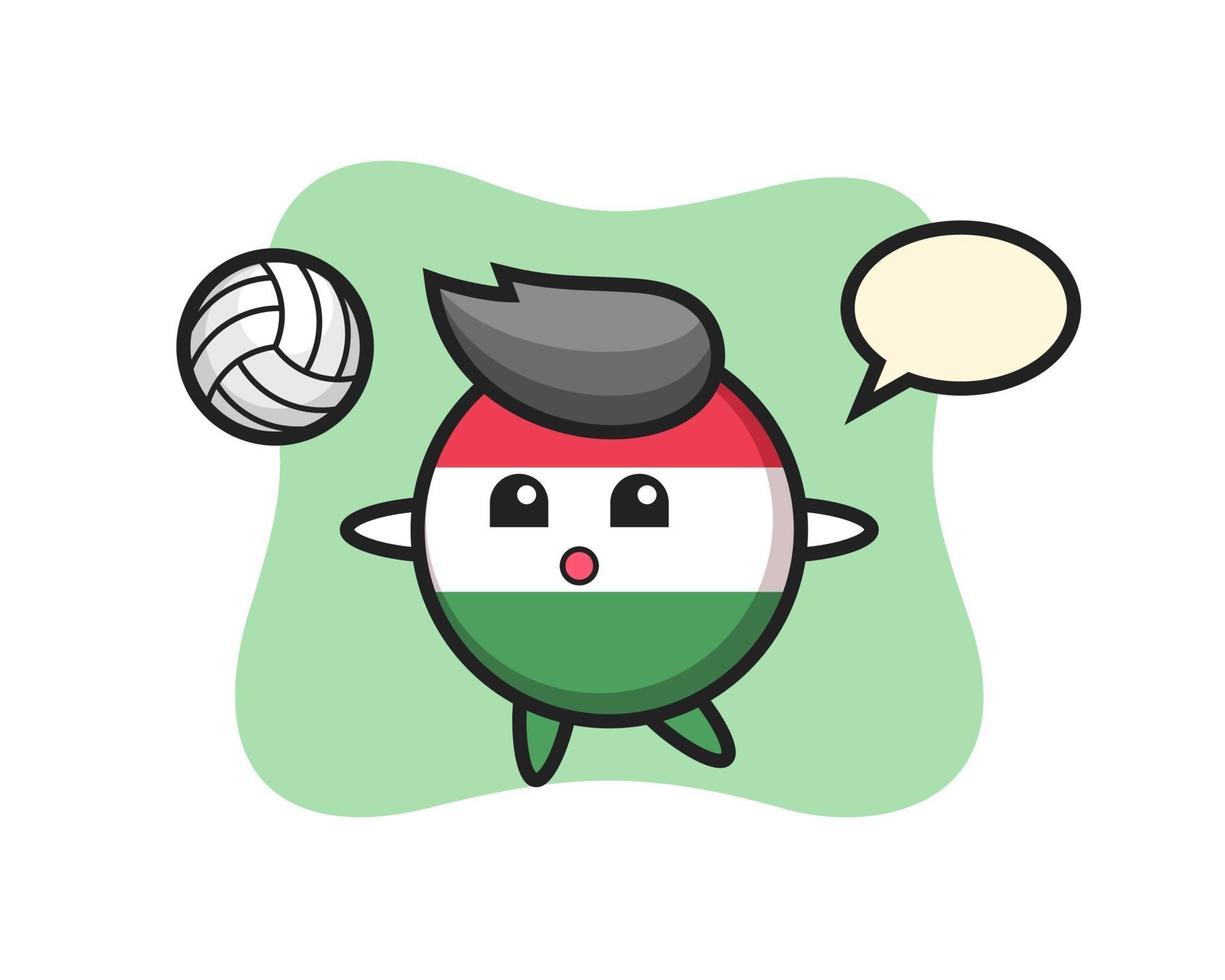 personaje de dibujos animados de la insignia de la bandera de Hungría está jugando voleibol vector