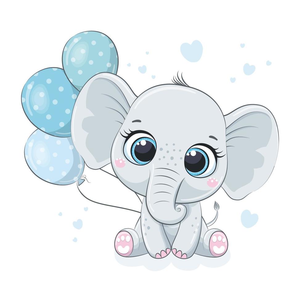 Cute baby elephant with balloons. Vector illustration.