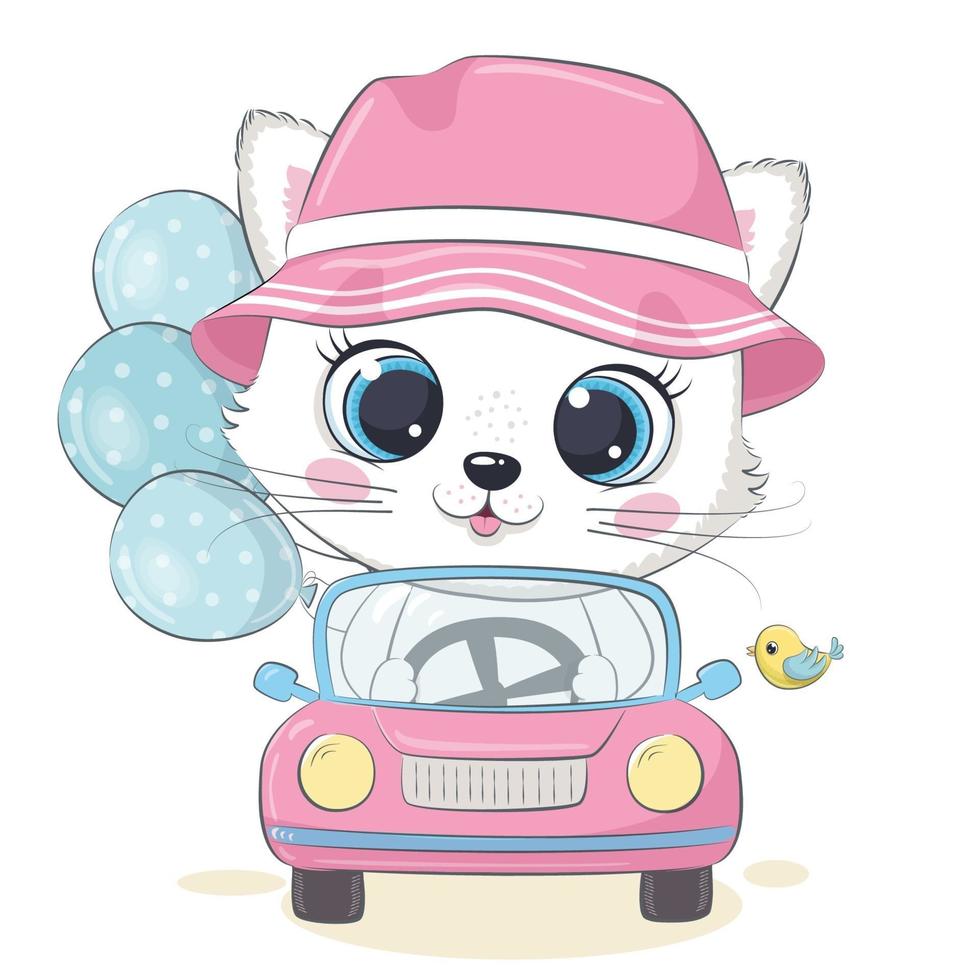 Cute kitten driving the car. Vector illustration.