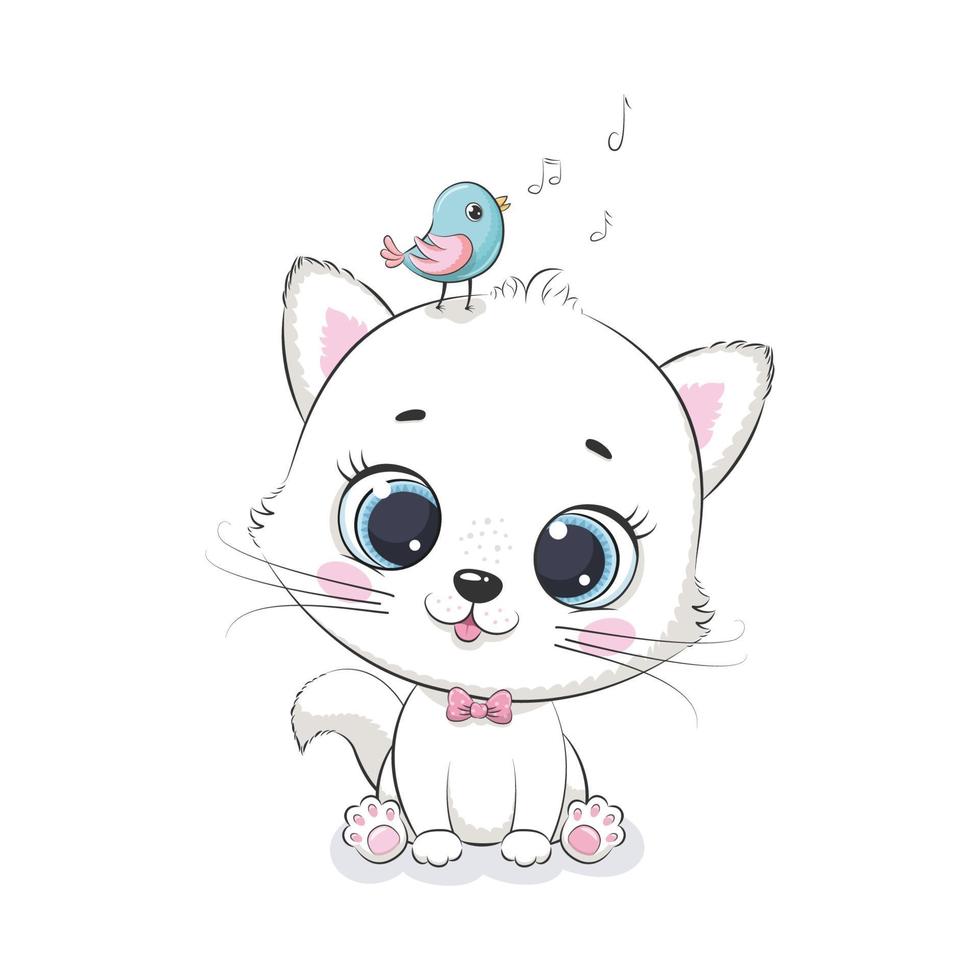 Cute baby cat with bird. Vector illustration.