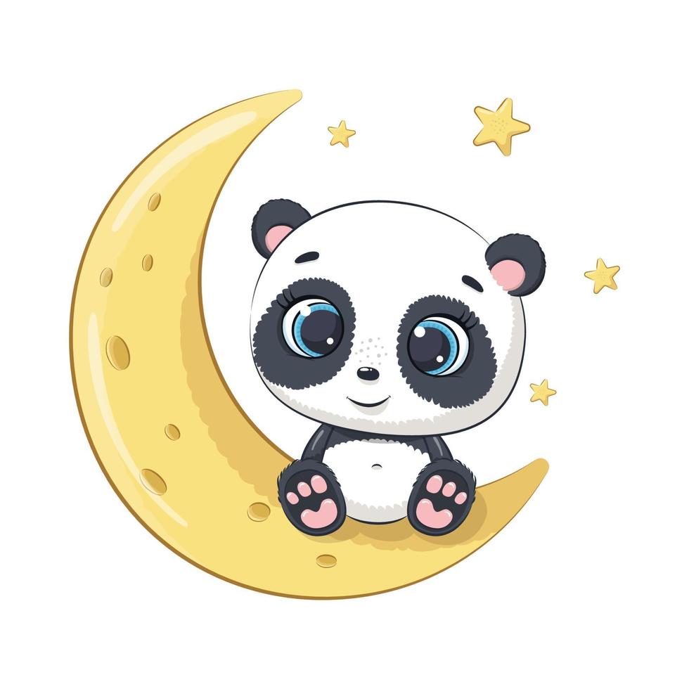 Cute baby panda sitting on the moon. Vector illustration.