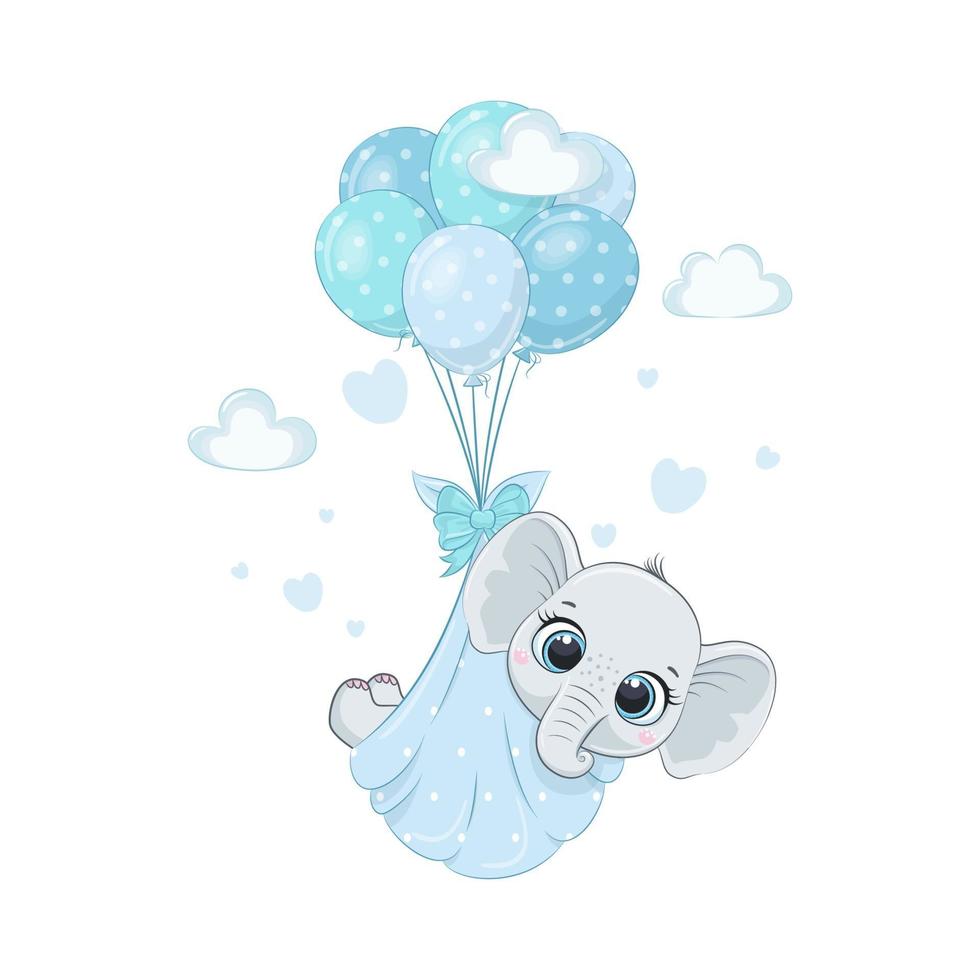 Cute baby elephant in diapers on the balloons. vector