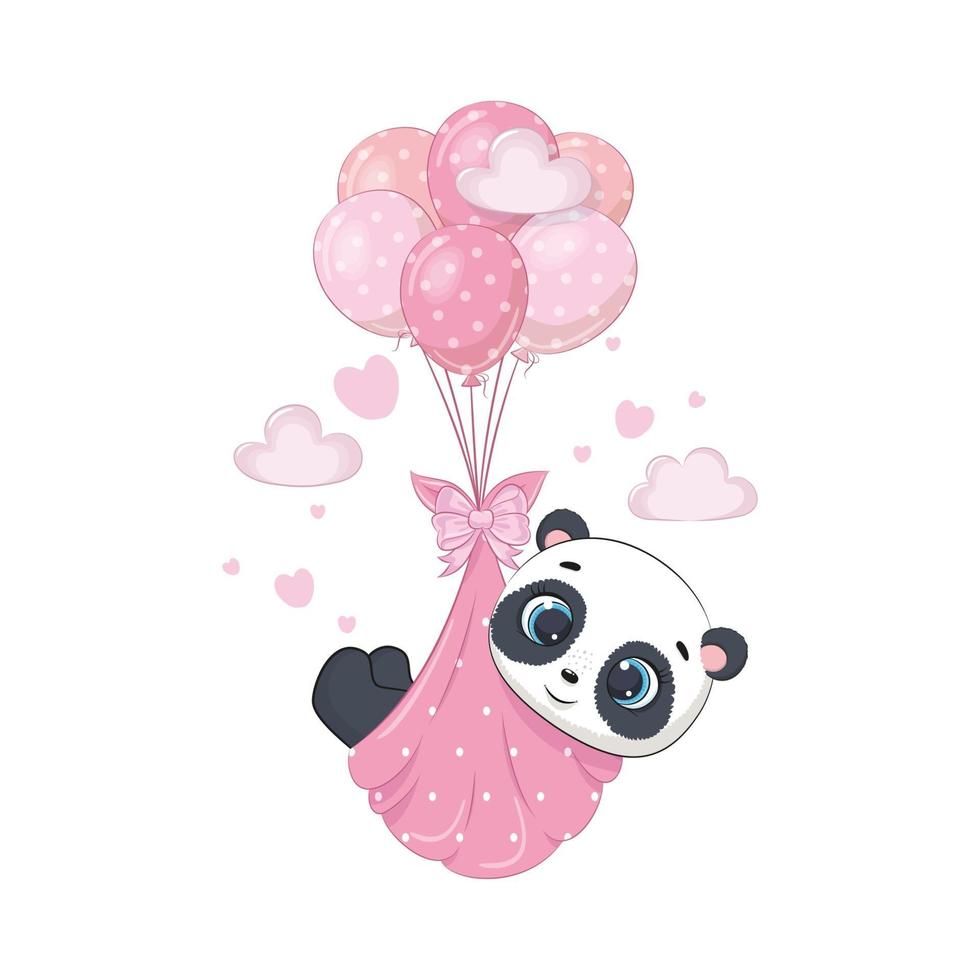 Cute baby panda in diapers on the balloons vector