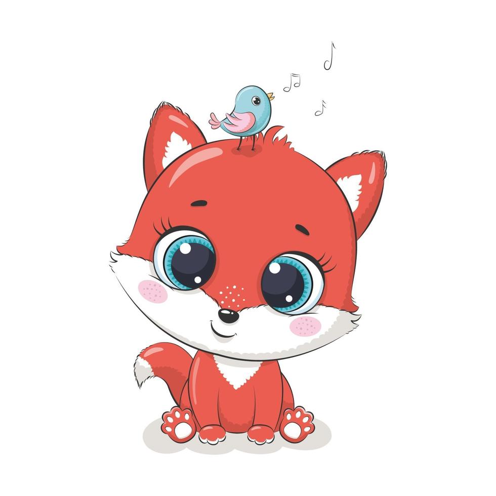 Cute baby fox with bird. Vector illustration.