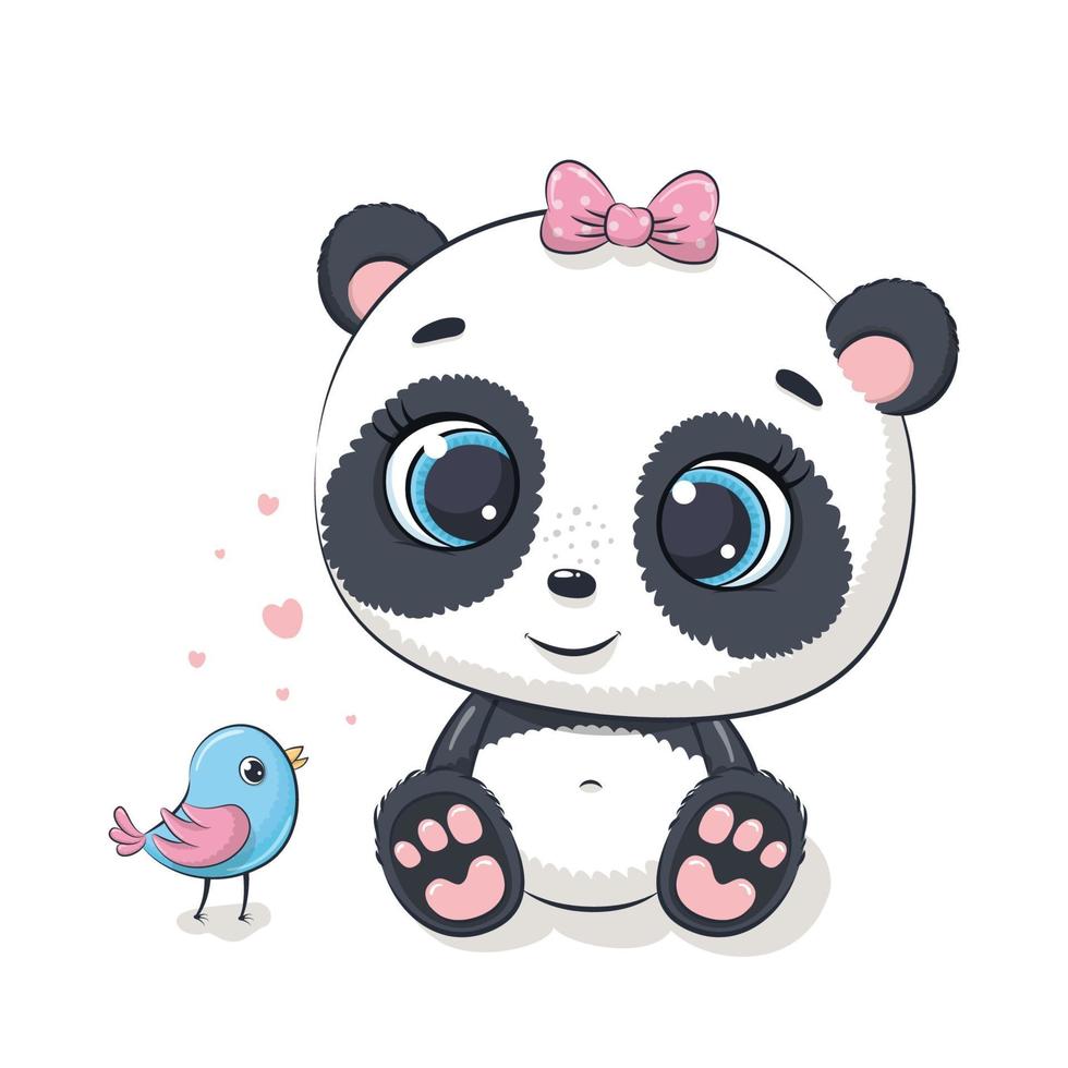 Cute baby panda with bird. Vector illustration.