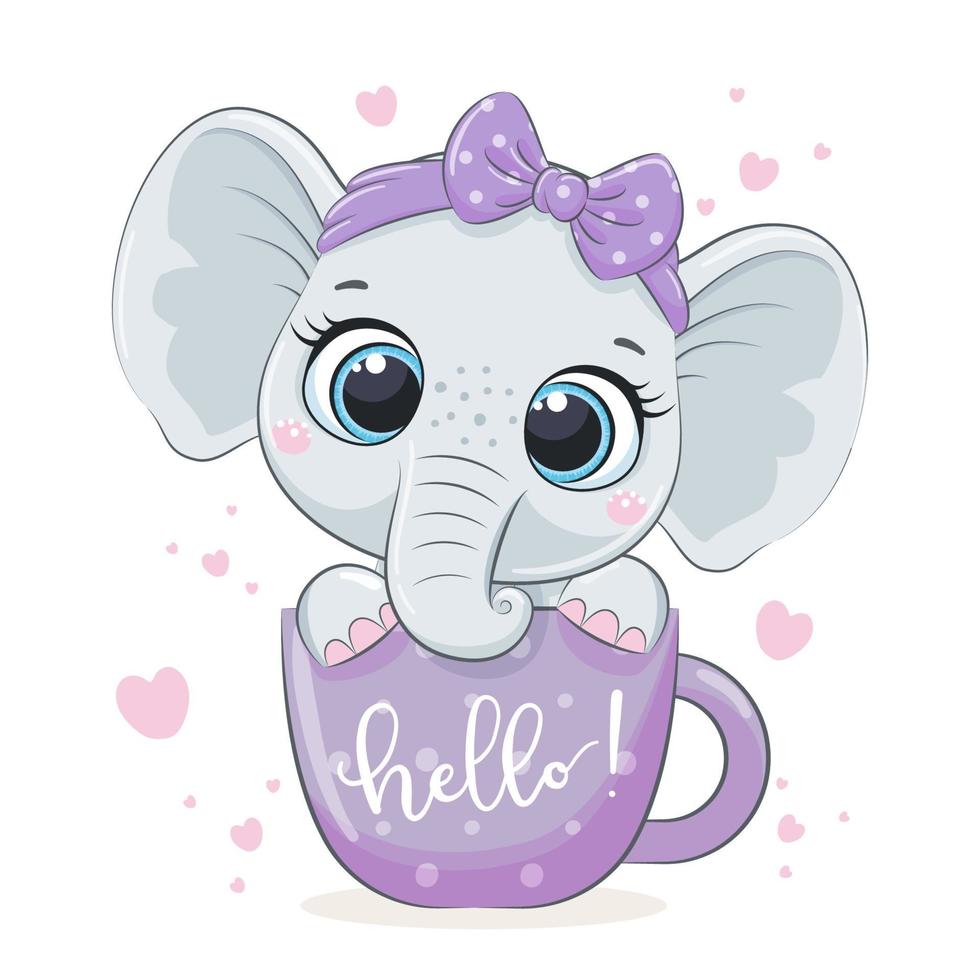 Cute baby elephant in cup. Vector illustration.