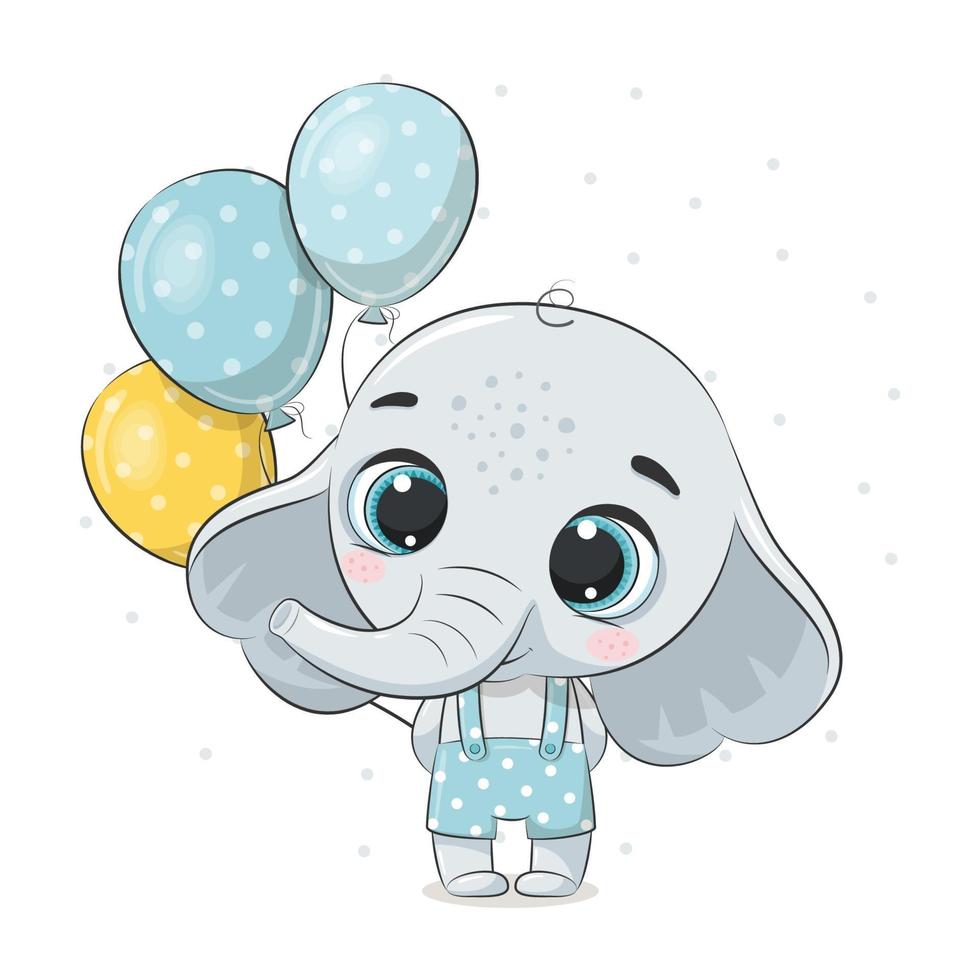 Cute baby elephant with balloons. Vector illustration.