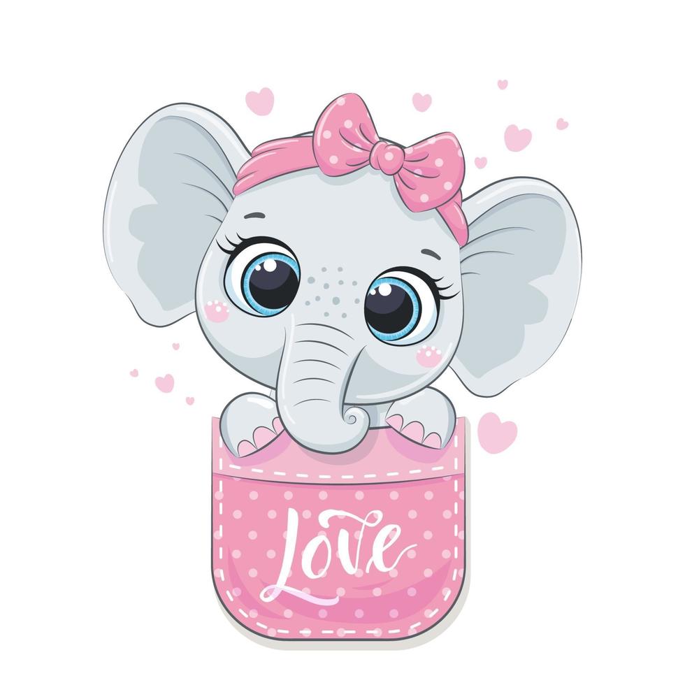 Cute baby elephant in pocket. Vector illustration.