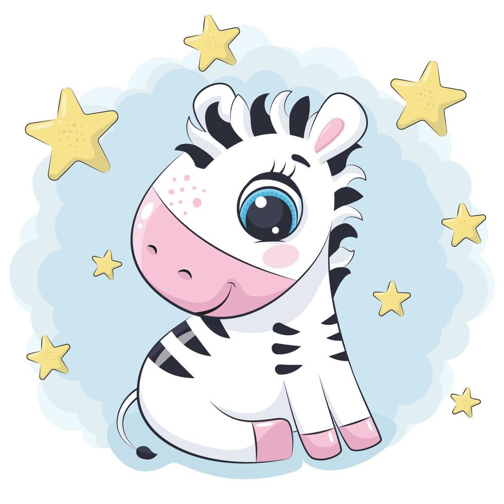 Cute baby zebra with stars. Vector illustration.