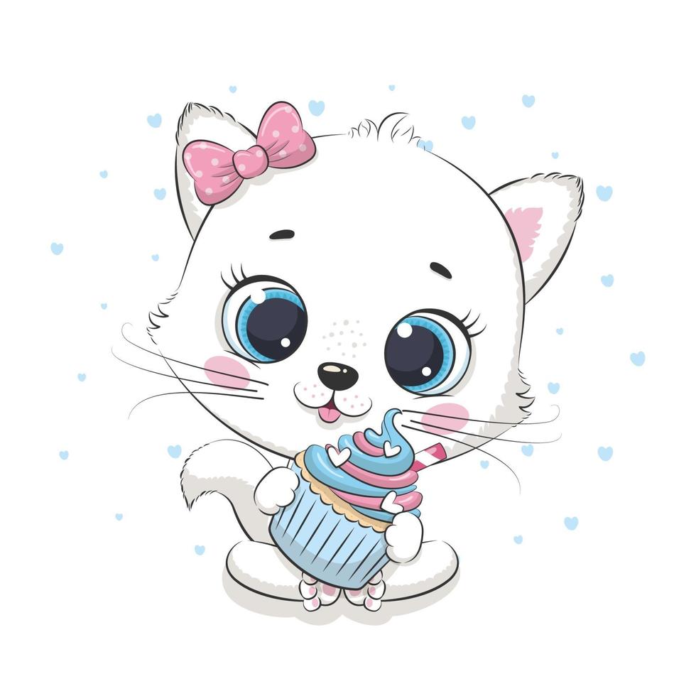 lindo gato bebé con cupcake. ilustración vectorial. vector