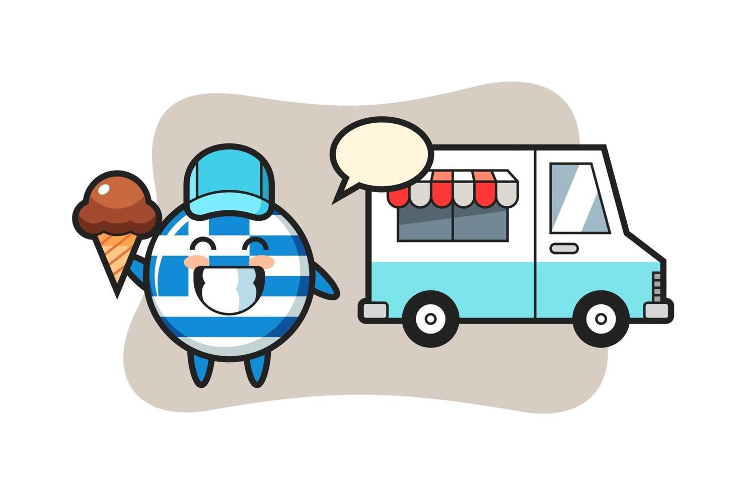 mascota, caricatura, de, grecia, bandera, insignia, con, helado, camión vector