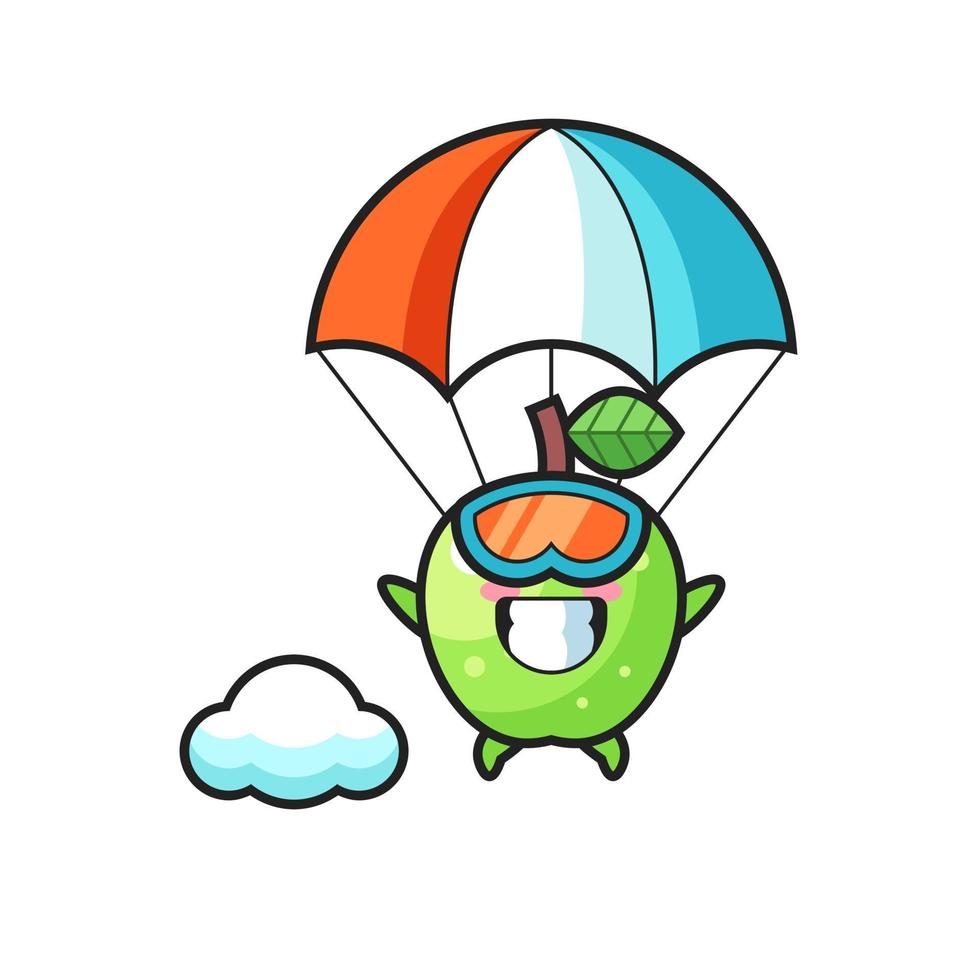 green apple mascot cartoon is skydiving with happy gesture vector