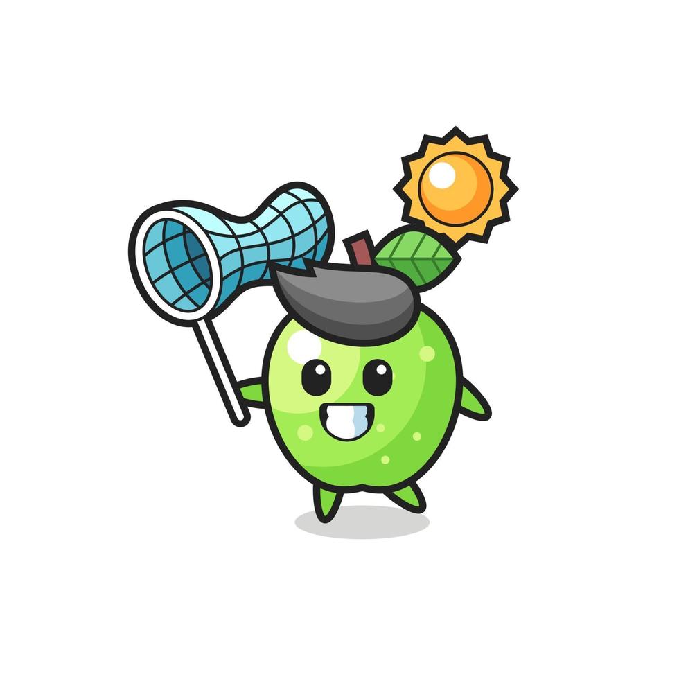 green apple mascot illustration is catching butterfly vector