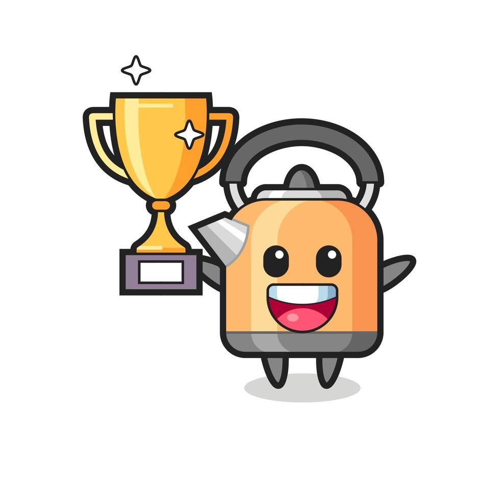 Cartoon Illustration of kettle is happy holding up the golden trophy vector