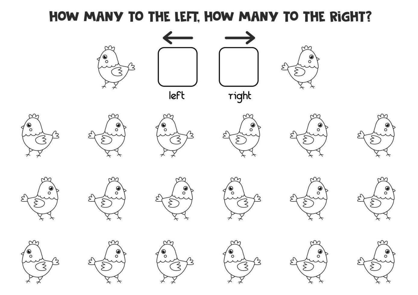 Left or right with black and white hen. Logical worksheet vector