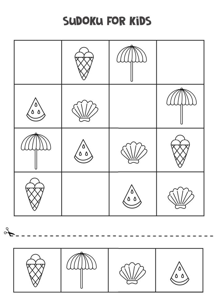 juego de sudoku para niños con lindos elementos veraniegos en blanco y negro. vector