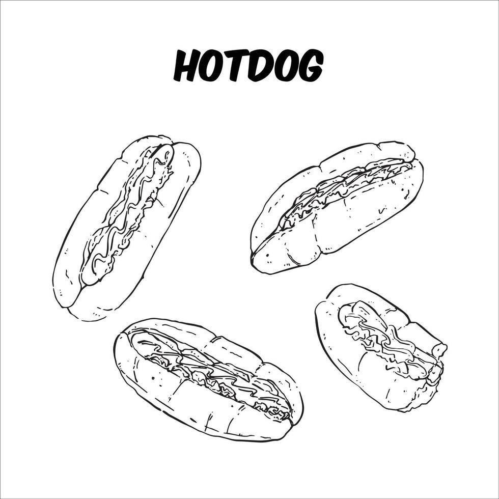 Different views of Hotdog, Black and white sktech vector