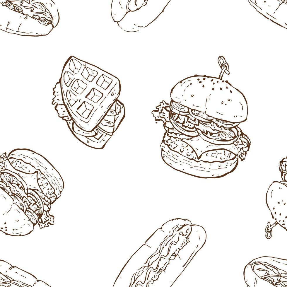 Fastfood sketch seamless background, Burger, Waffle, Hotdog vector