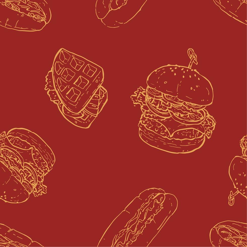 Fastfood sketch seamless background, Burger, Waffle, Hotdog vector