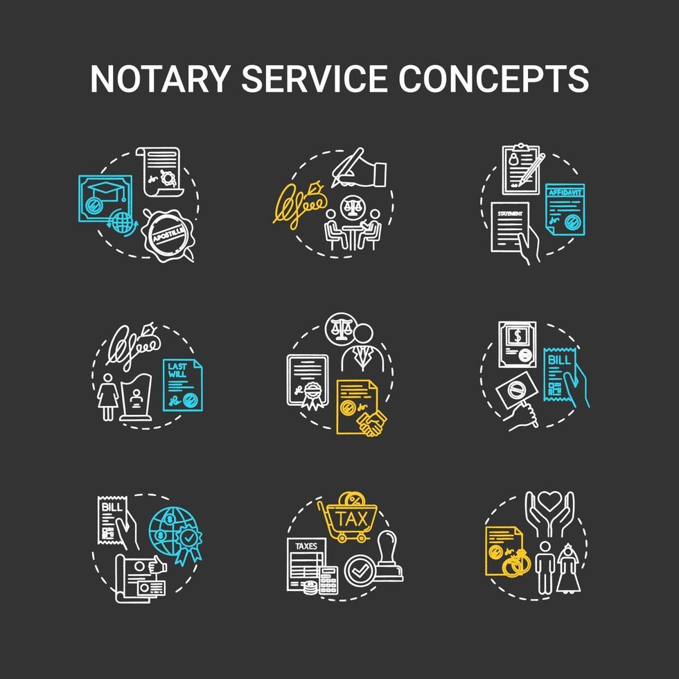 Notary services chalk RGB color concept icons set vector