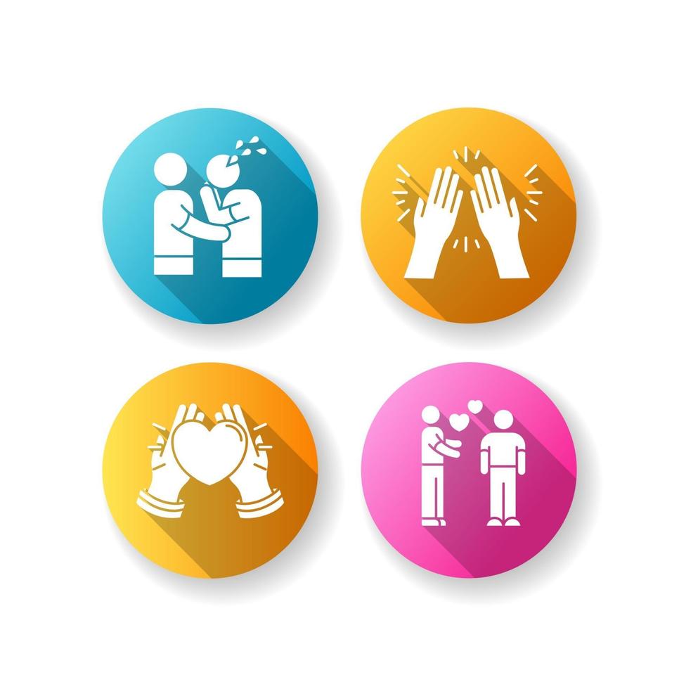 Social connection flat design long shadow glyph icons set vector