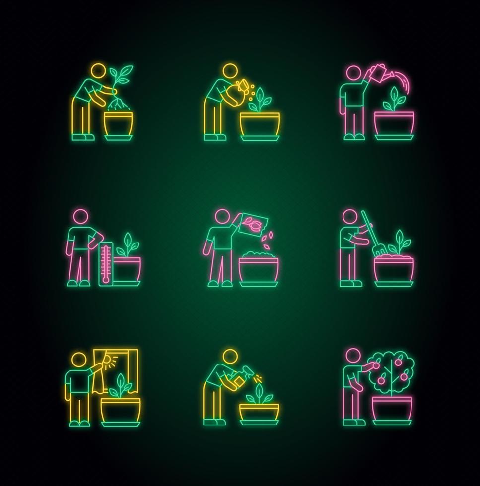 Indoor gardening steps neon light icons set vector