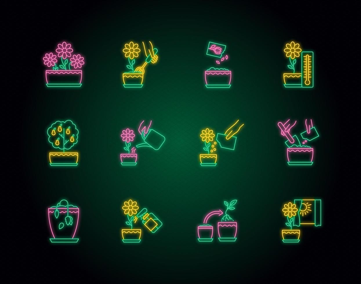 Houseplant care neon light icons set vector