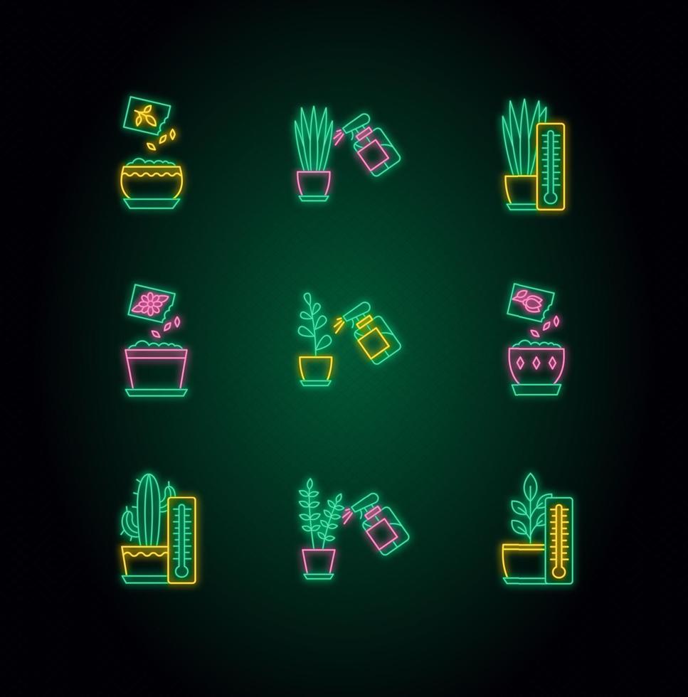 Conjunto de iconos de luz de neón de cuidado de plantas de interior vector