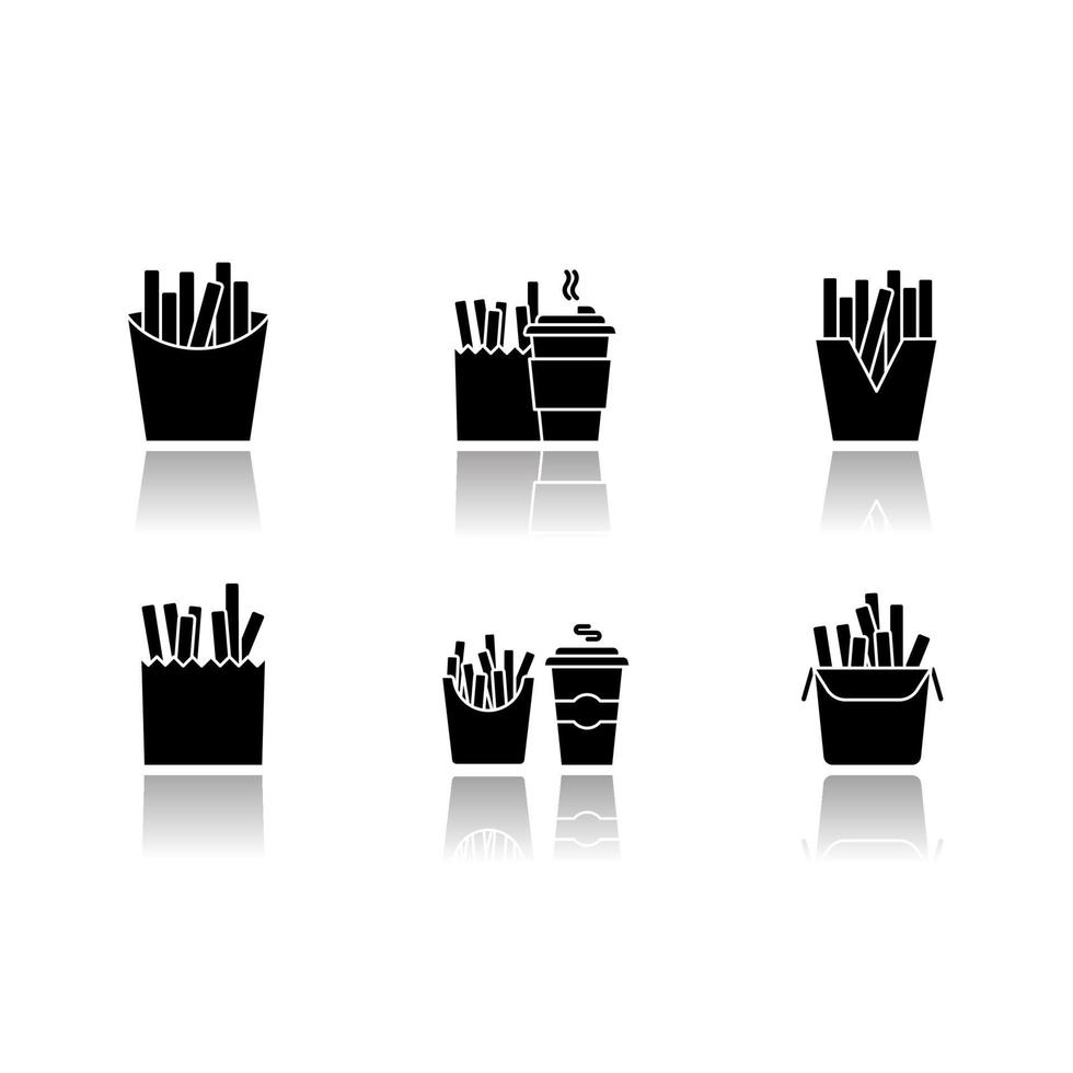 French fries drop shadow black glyph icons set vector