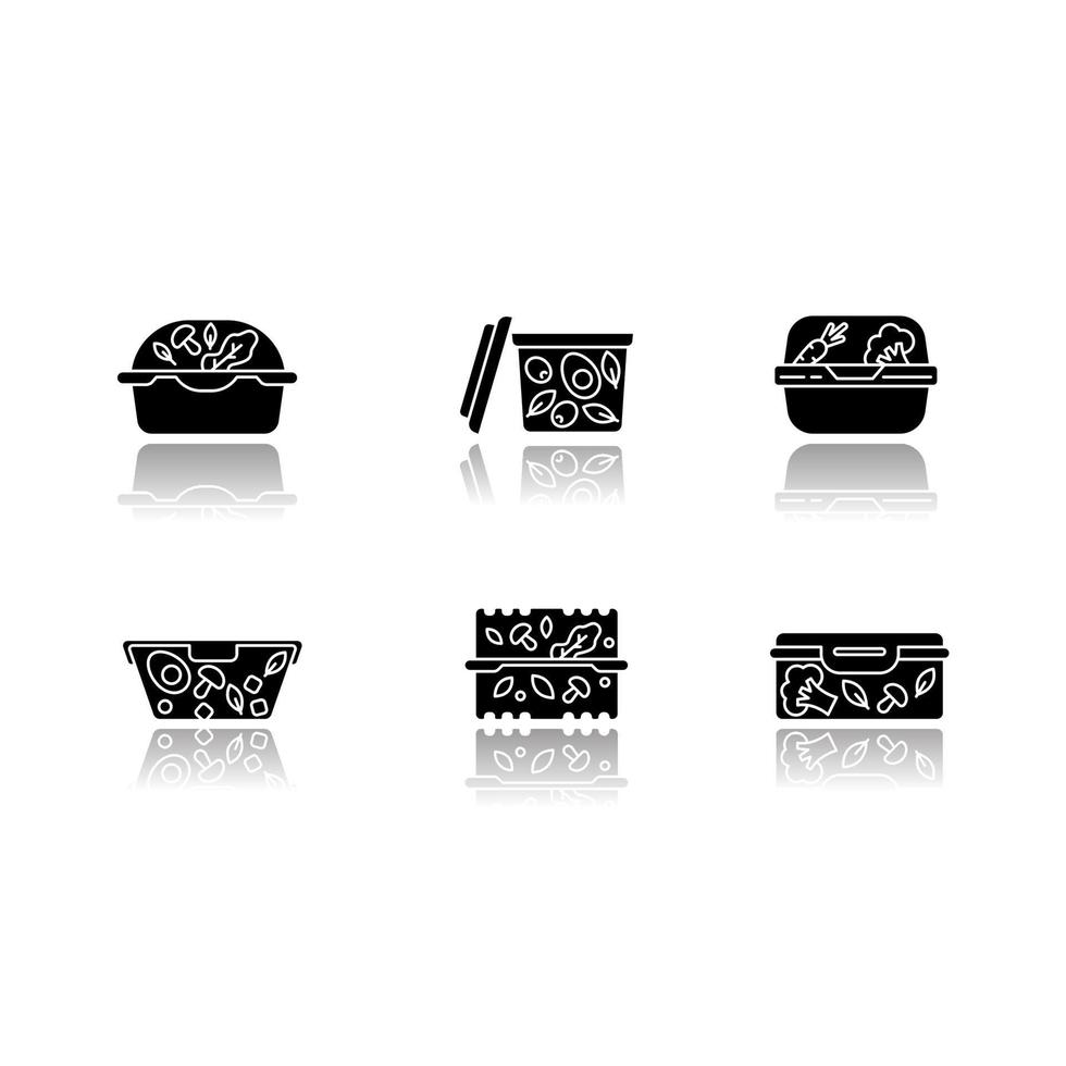 Plastic salad containers drop shadow black glyph icons set vector