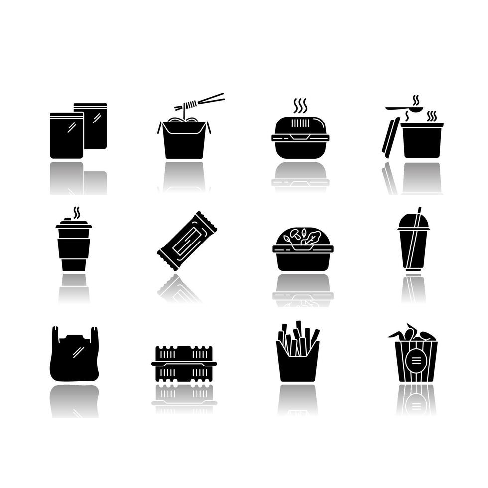 Takeaway food packages drop shadow black glyph icons set vector