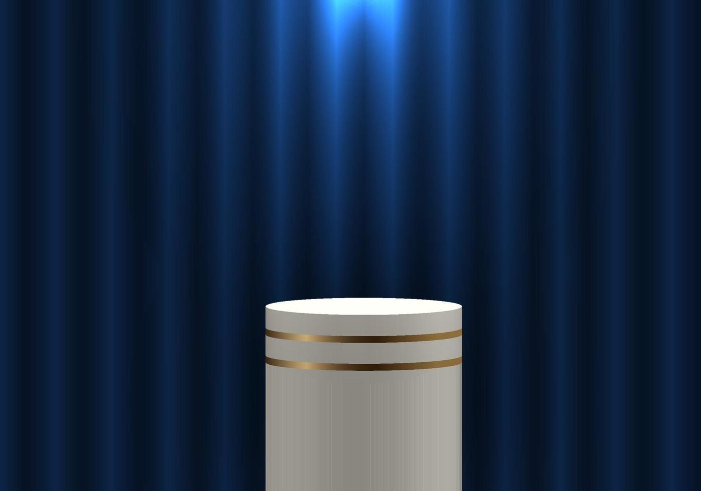 3D white gold cylinder product shelf blue curtain spotlight backdrop vector
