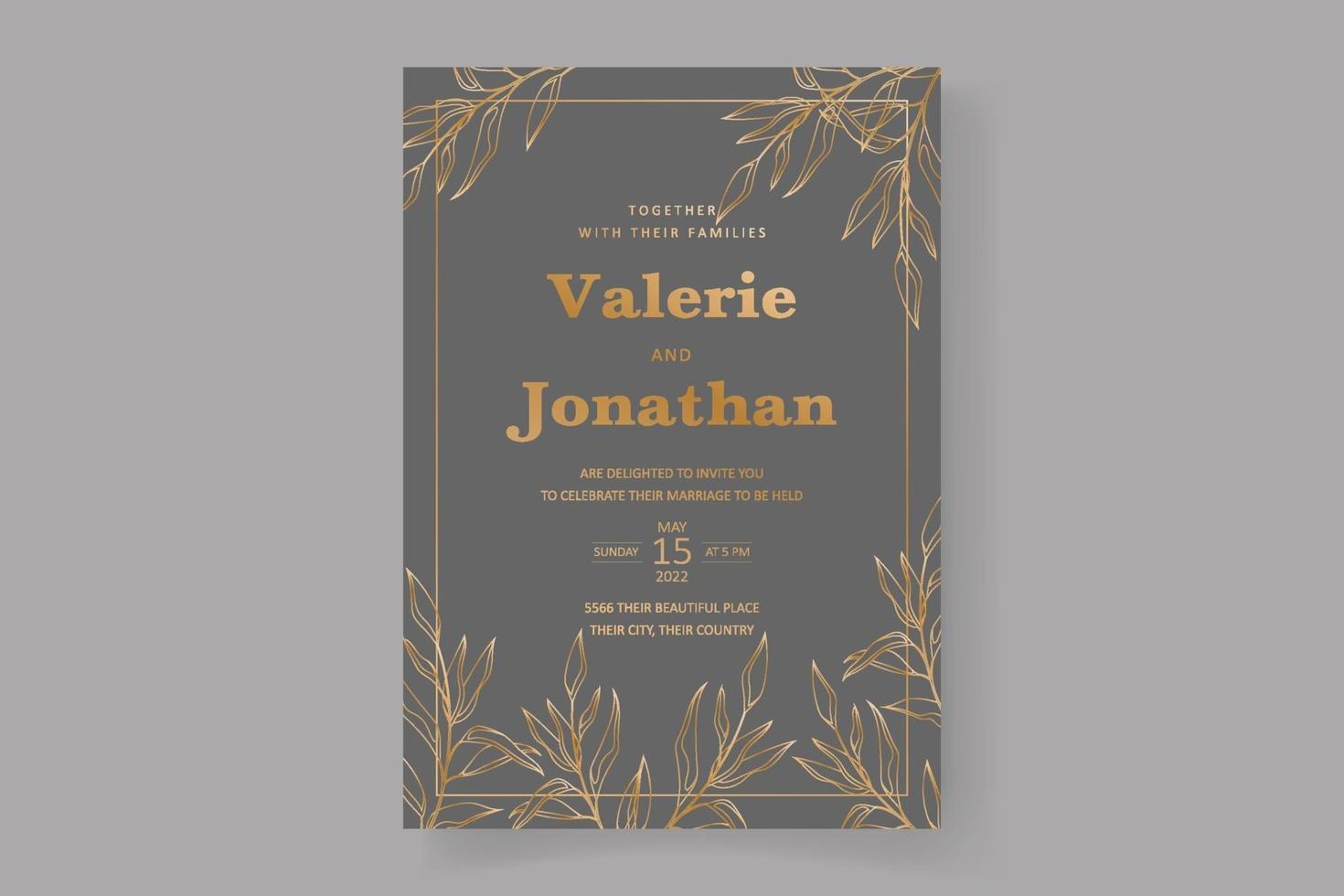 Wedding invitation card template with beautiful gold leaf ornament vector