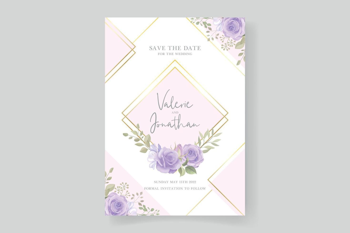 Plantilla de invitación de boda con hermosas flores y hojas. vector