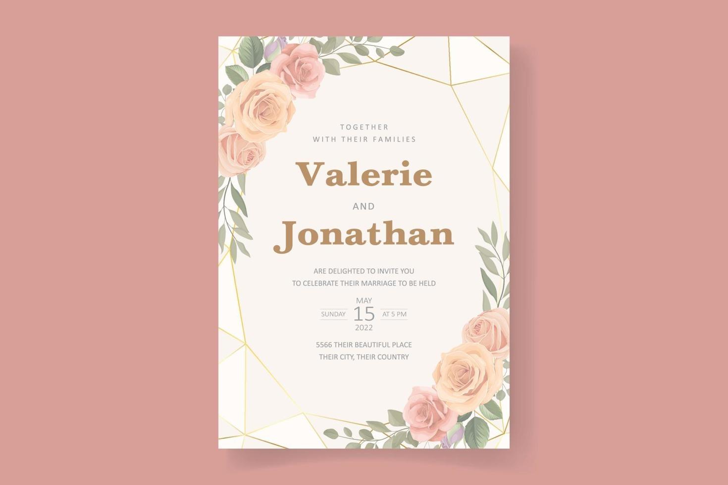 Wedding invitation template with beautiful flowers and leaves vector