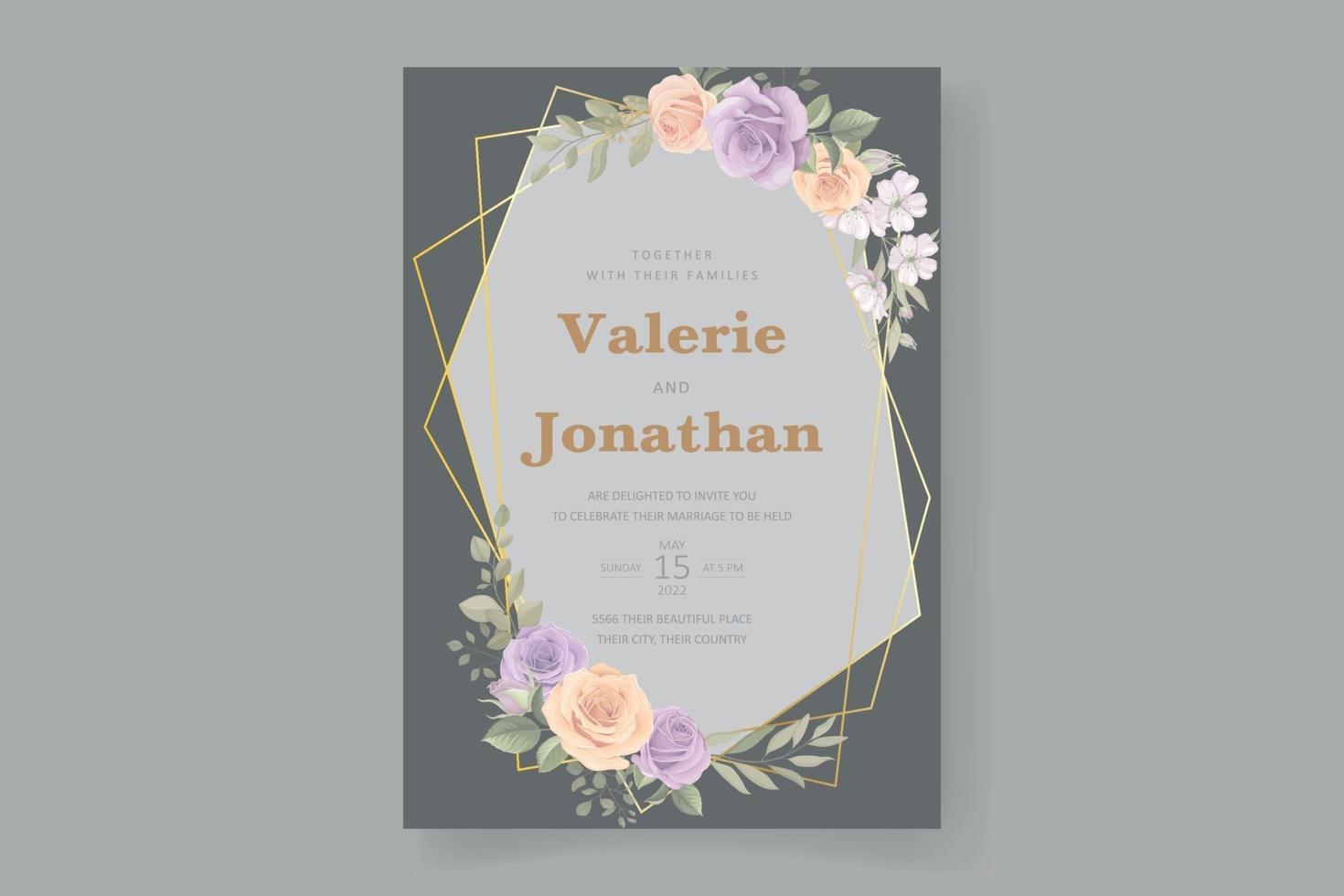 Soft floral and leaves wedding invitation card design vector