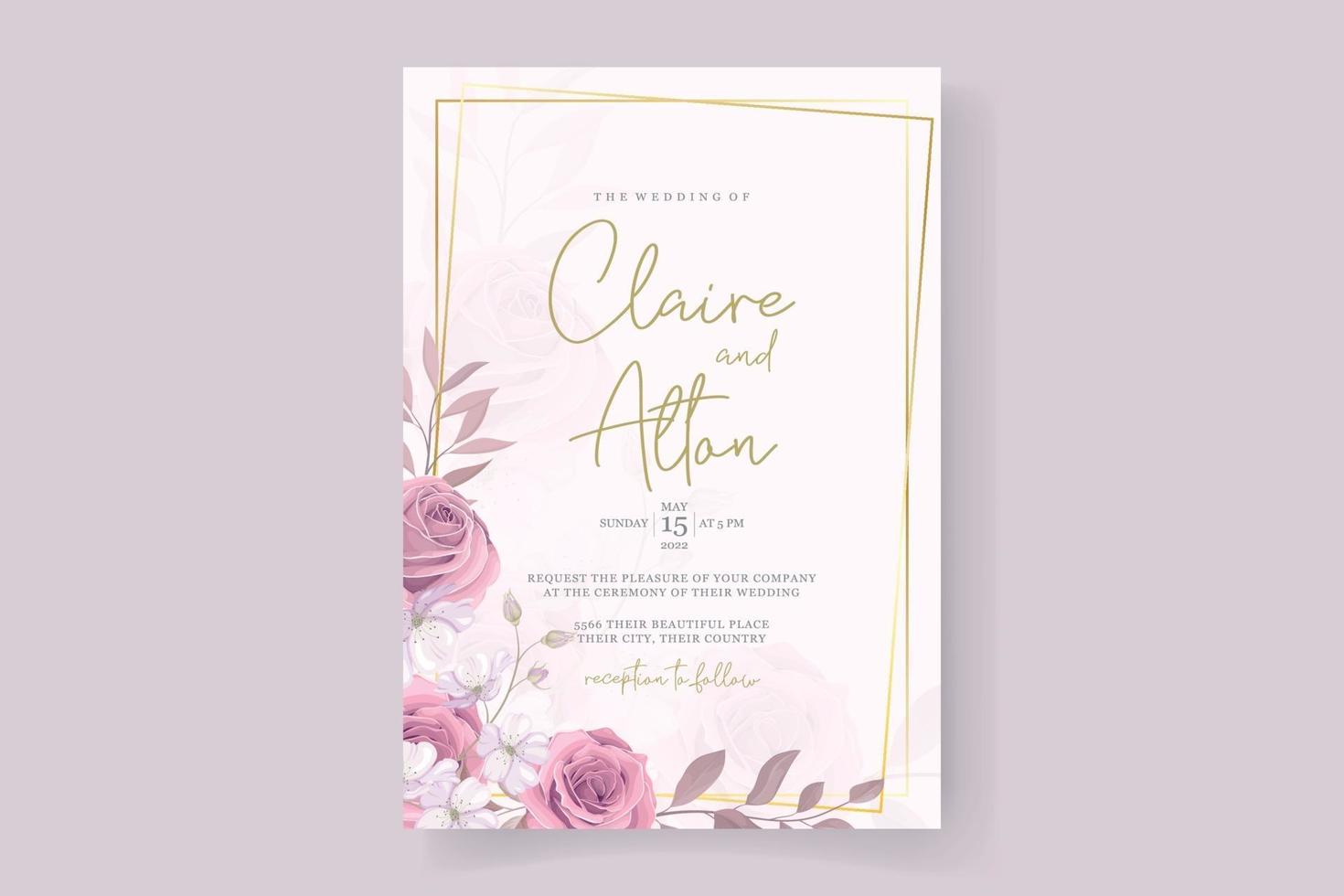 Wedding invitation template with beautiful flowers and leaves vector