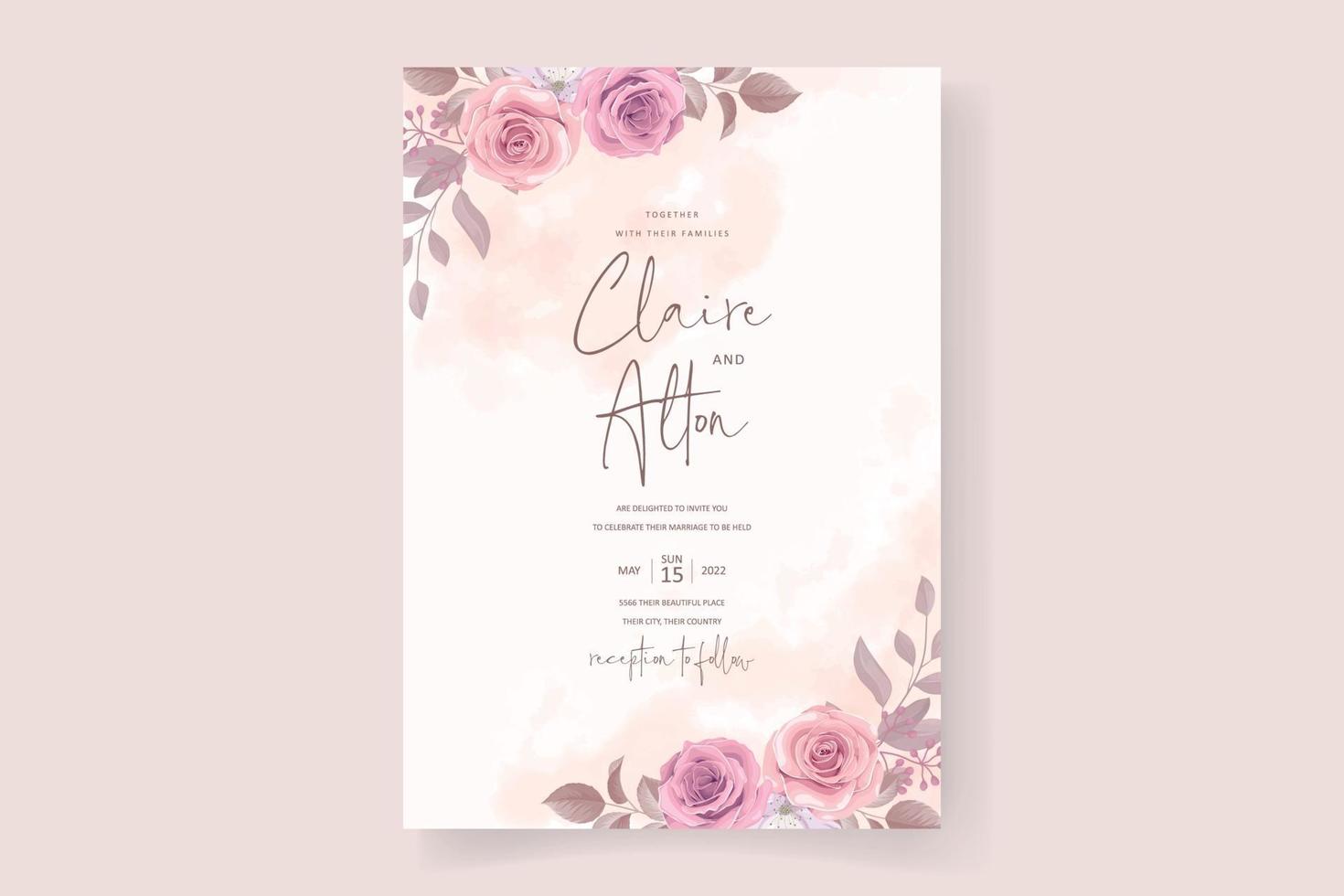 Wedding invitation template with pink floral design vector