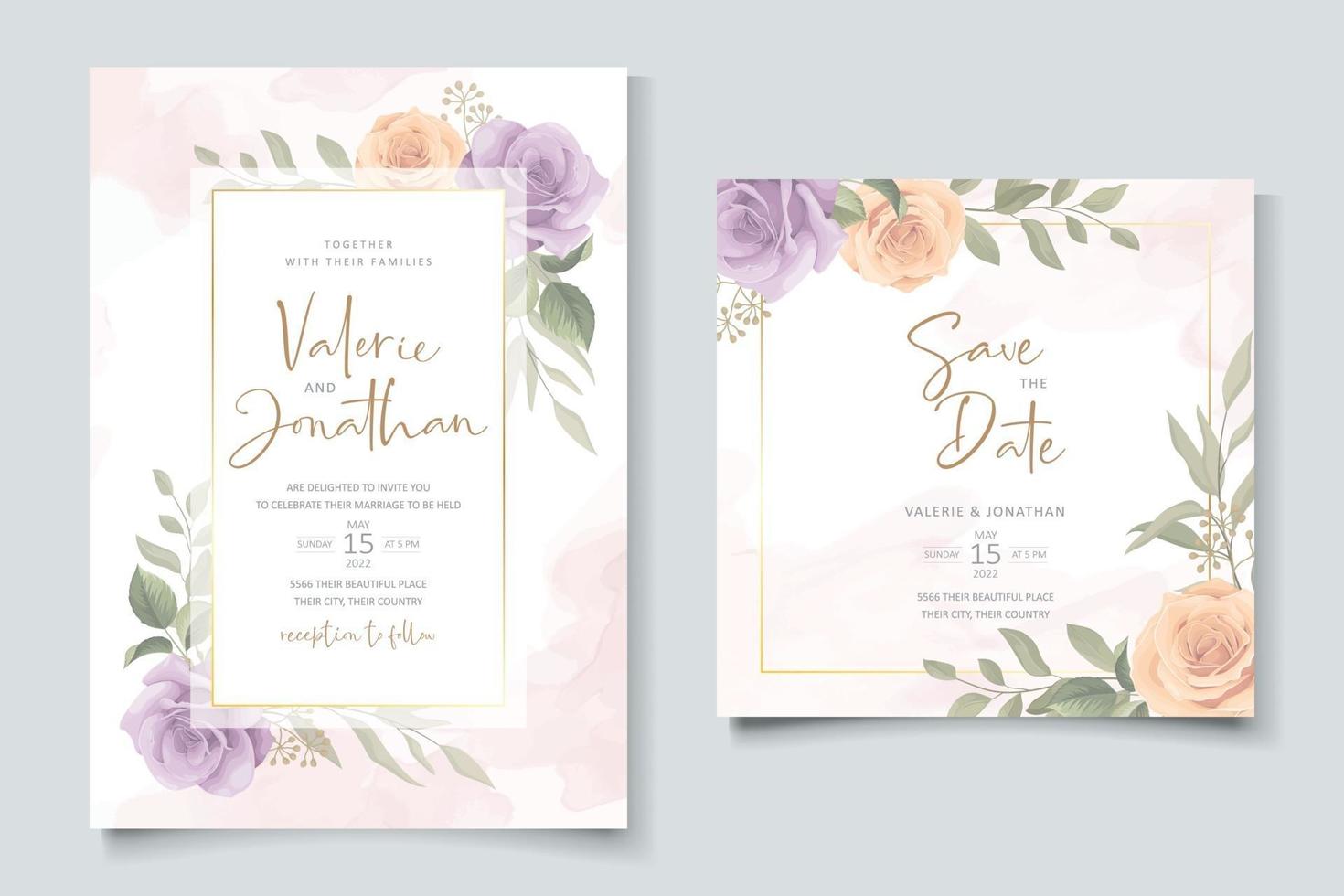 Soft floral and leaves wedding invitation card design vector