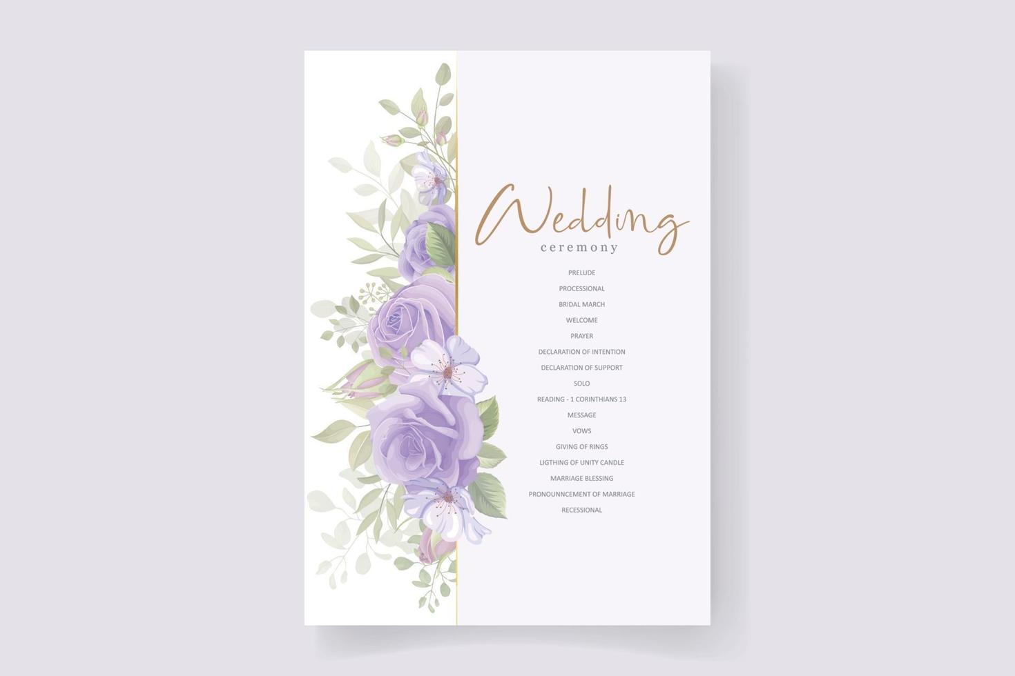 Plantilla de invitación de boda con hermosas flores y hojas. vector