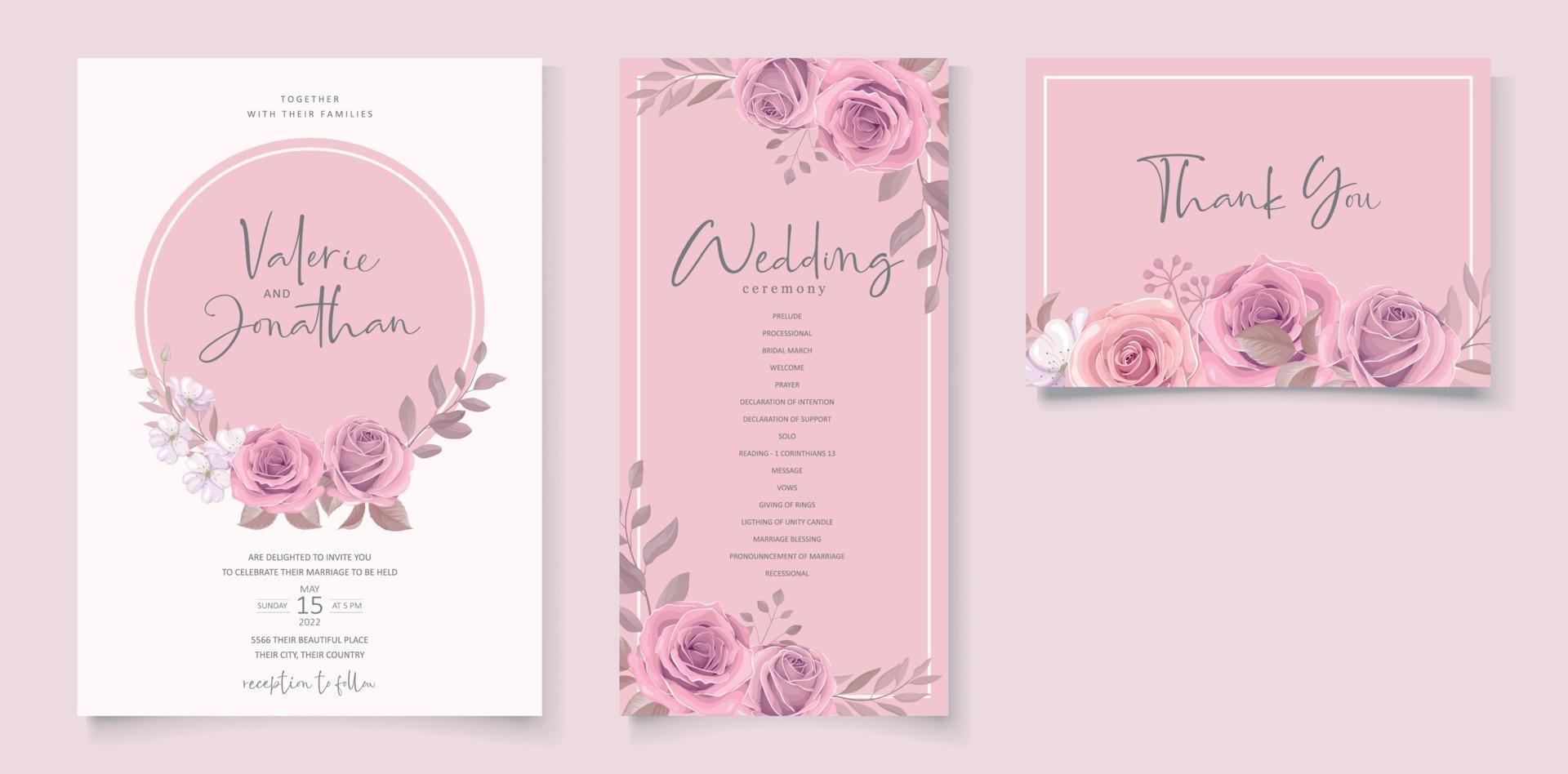 plantilla de invitación de boda con diseño floral rosa vector