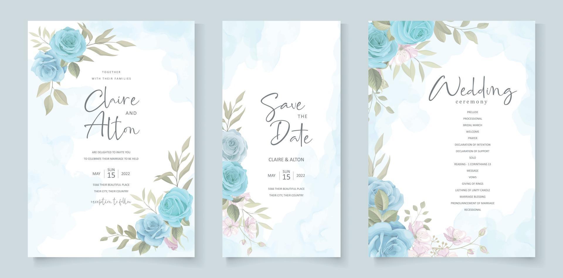 plantilla de invitación de boda con diseño floral azul vector