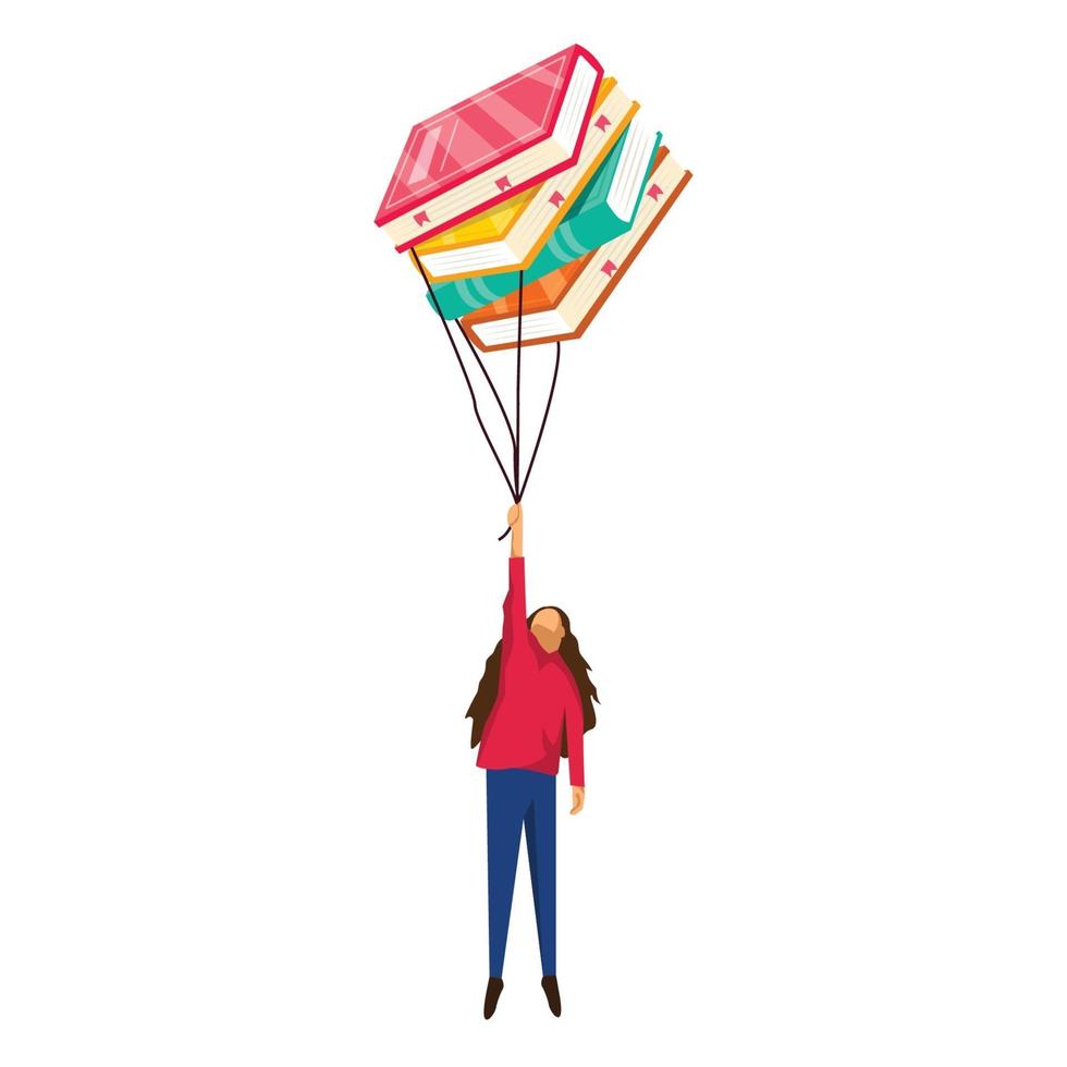 a woman flying with books, illustration isolated vector