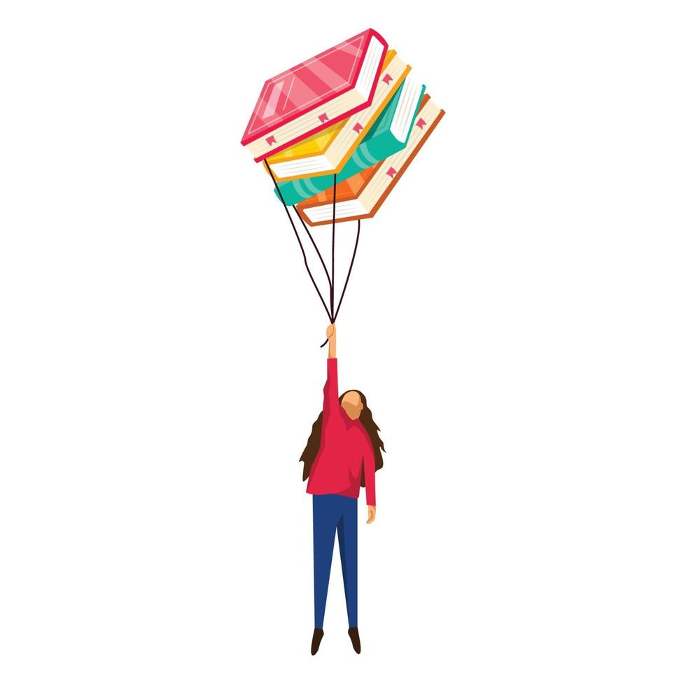 una mujer volando con libros, ilustración aislada vector