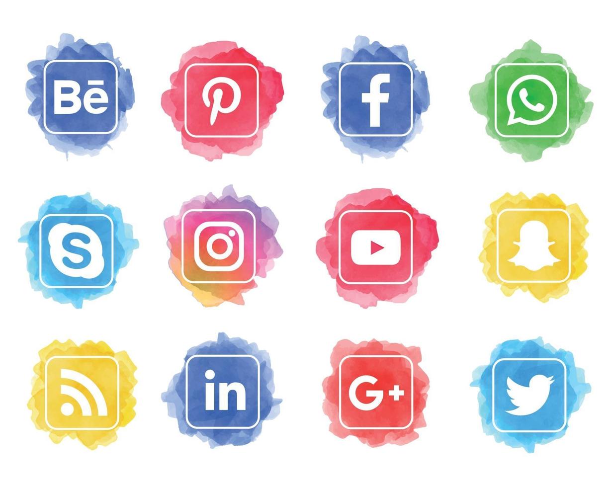 conjunto de iconos de redes sociales de acuarela con formas cuadradas vector