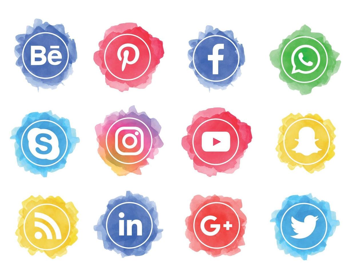 Set of watercolor social media icons with circle shapes vector