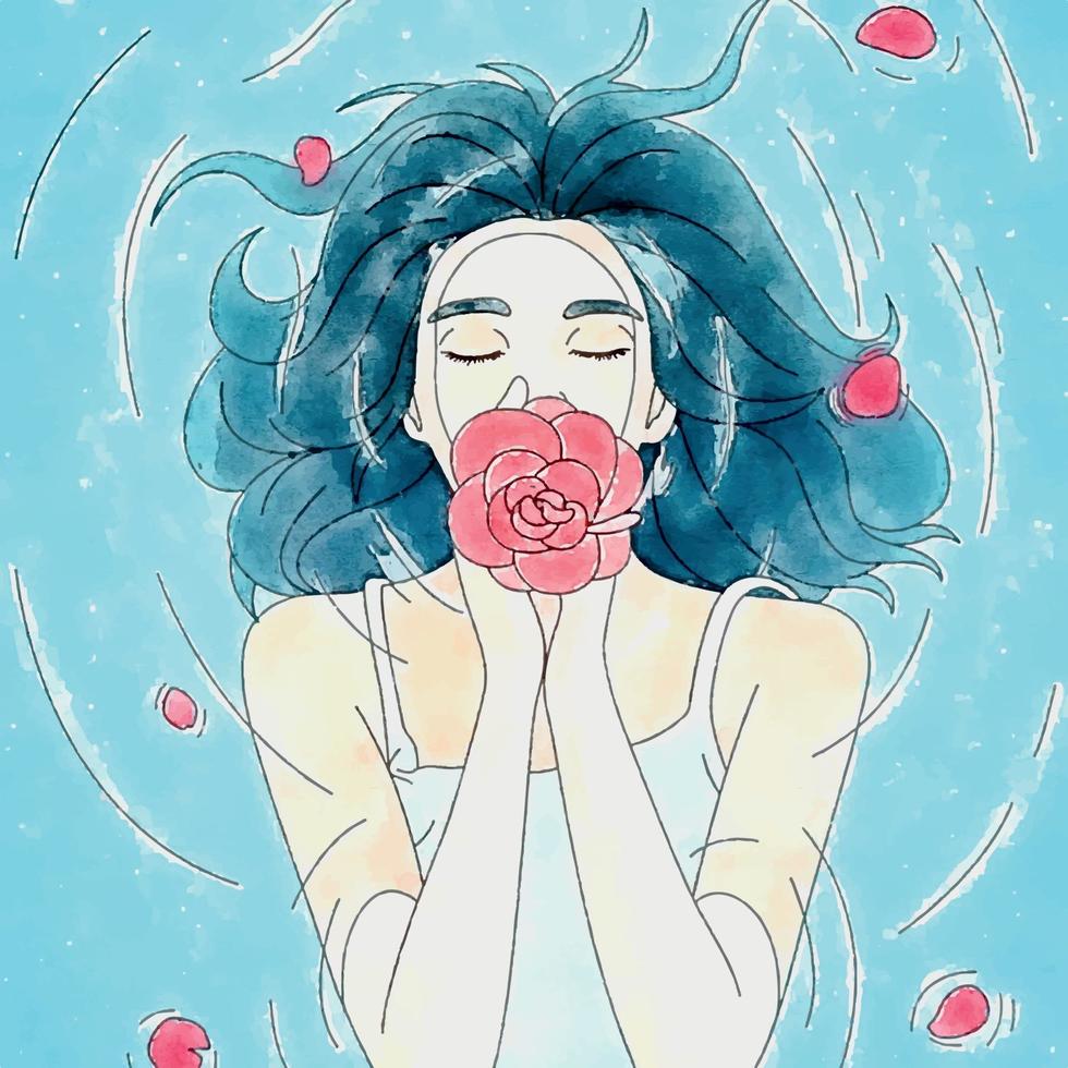 Ilustración acuarela de mujer en el agua con una rosa en sus manos vector