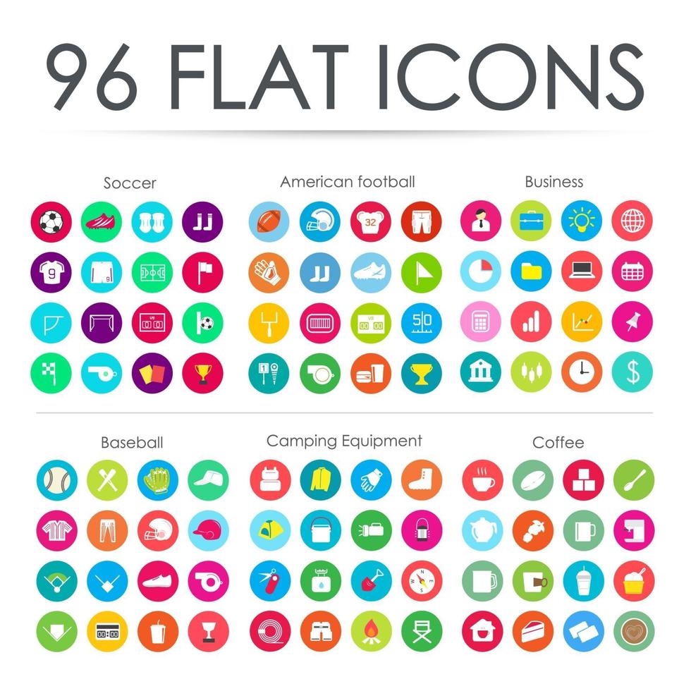 96 icons soccer, football, business, baseball, camping, coffee vector