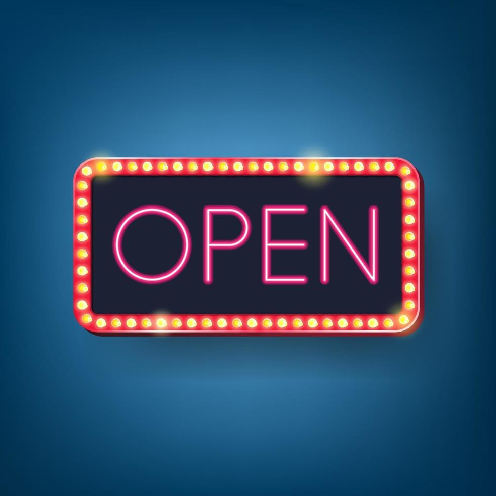 Open, neon bulbs, Retro light frame. Vector illustration