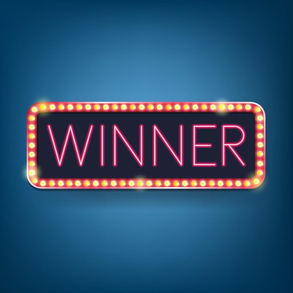 Winner, neon bulb, Retro light frames. Vector illustration